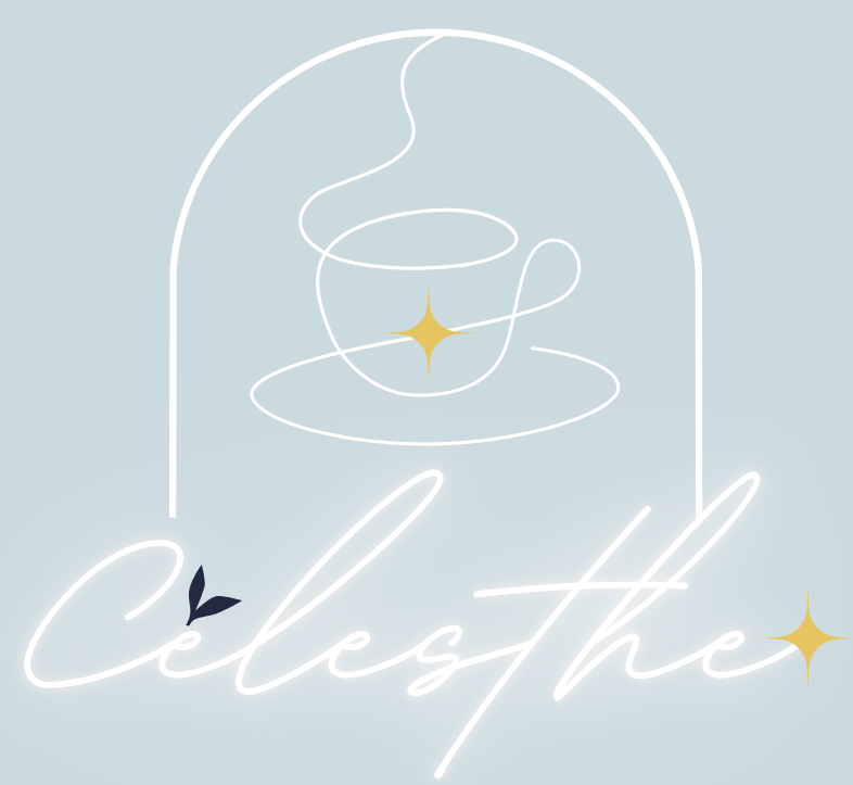 logo du site Celesthe représentant une tasse de thé avec le nom Celesthe avec un fond bleu